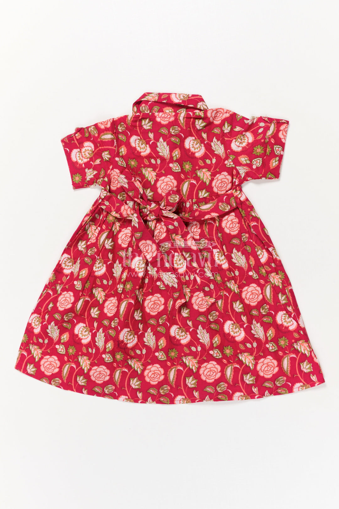 The Nesavu Girls Cotton Frock Toddler Girl Cotton Frock for Birthdays and Festive Gatherings Nesavu Nesavu toddler girl red cotton frock with puff sleeves and floral print for birthday celebrations