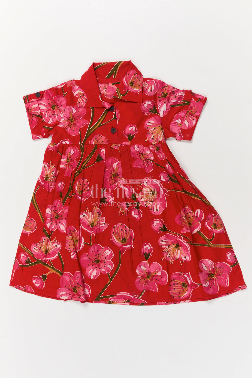 The Nesavu Girls Cotton Frock Toddler Girl Cotton Frock for Casual Functions and Birthdays Nesavu 16 (1Y) / Pink GFC2044A-16 Nesavu toddler girl red cotton frock with pink floral print – ideal for birthdays and casual occasions