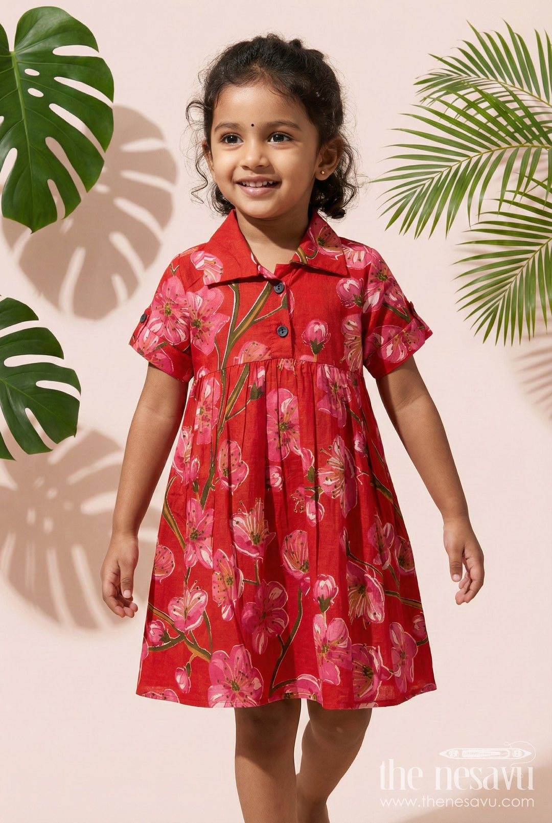 The Nesavu Girls Cotton Frock Toddler Girl Cotton Frock for Casual Functions and Birthdays Nesavu 16 (1Y) / Pink GFC2044A-16 Nesavu toddler girl red cotton frock with pink floral print – ideal for birthdays and casual occasions