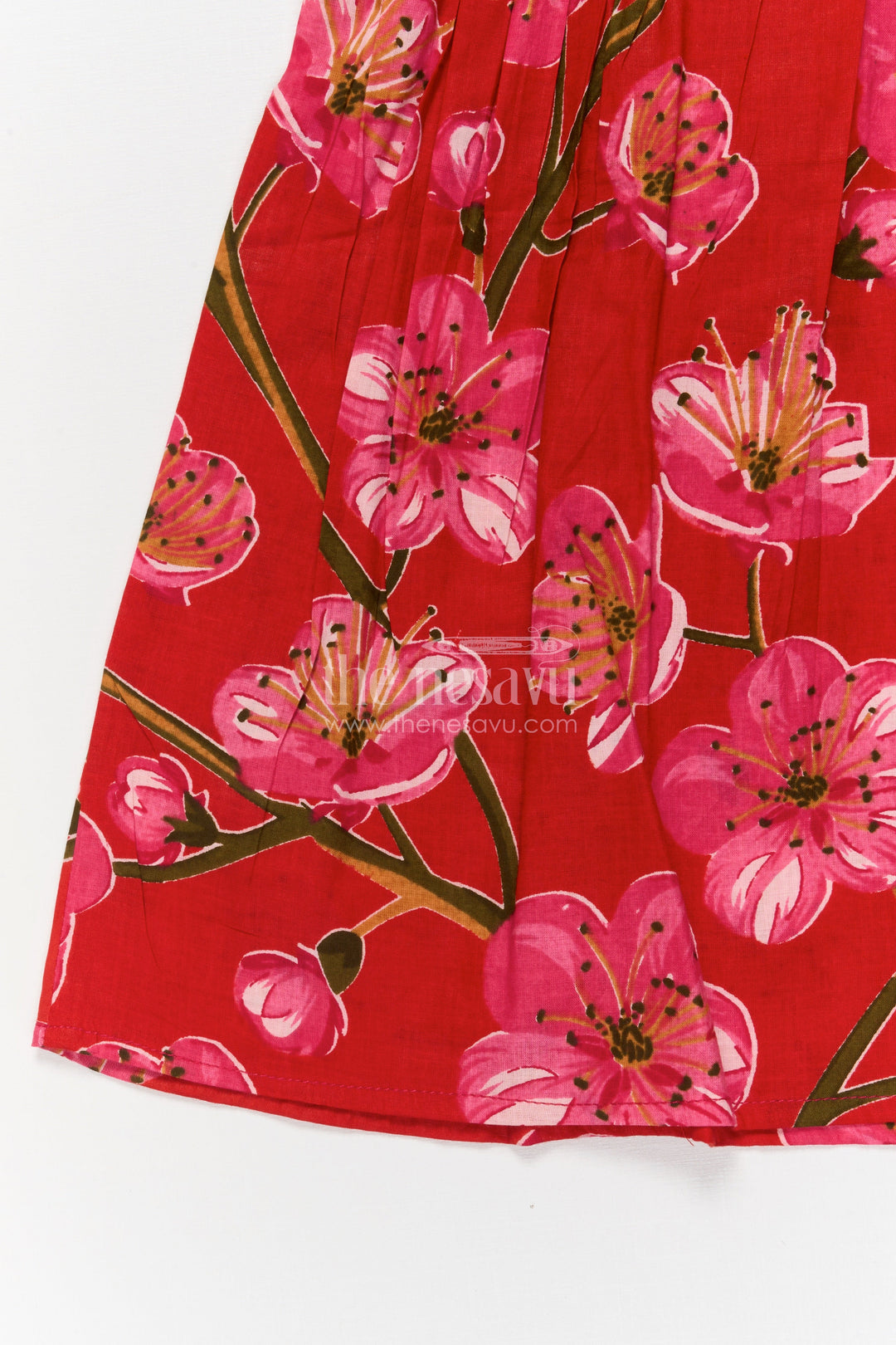 The Nesavu Girls Cotton Frock Toddler Girl Cotton Frock for Casual Functions and Birthdays Nesavu Nesavu toddler girl red cotton frock with pink floral print – ideal for birthdays and casual occasions