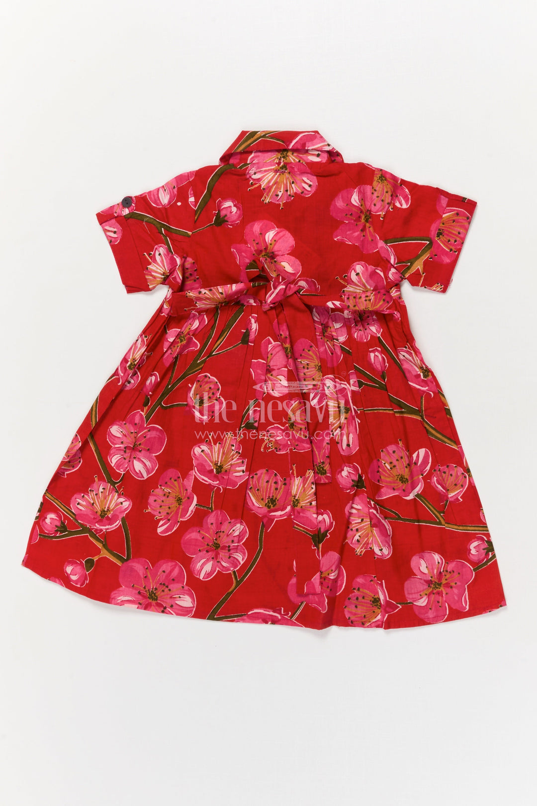 The Nesavu Girls Cotton Frock Toddler Girl Cotton Frock for Casual Functions and Birthdays Nesavu Nesavu toddler girl red cotton frock with pink floral print – ideal for birthdays and casual occasions