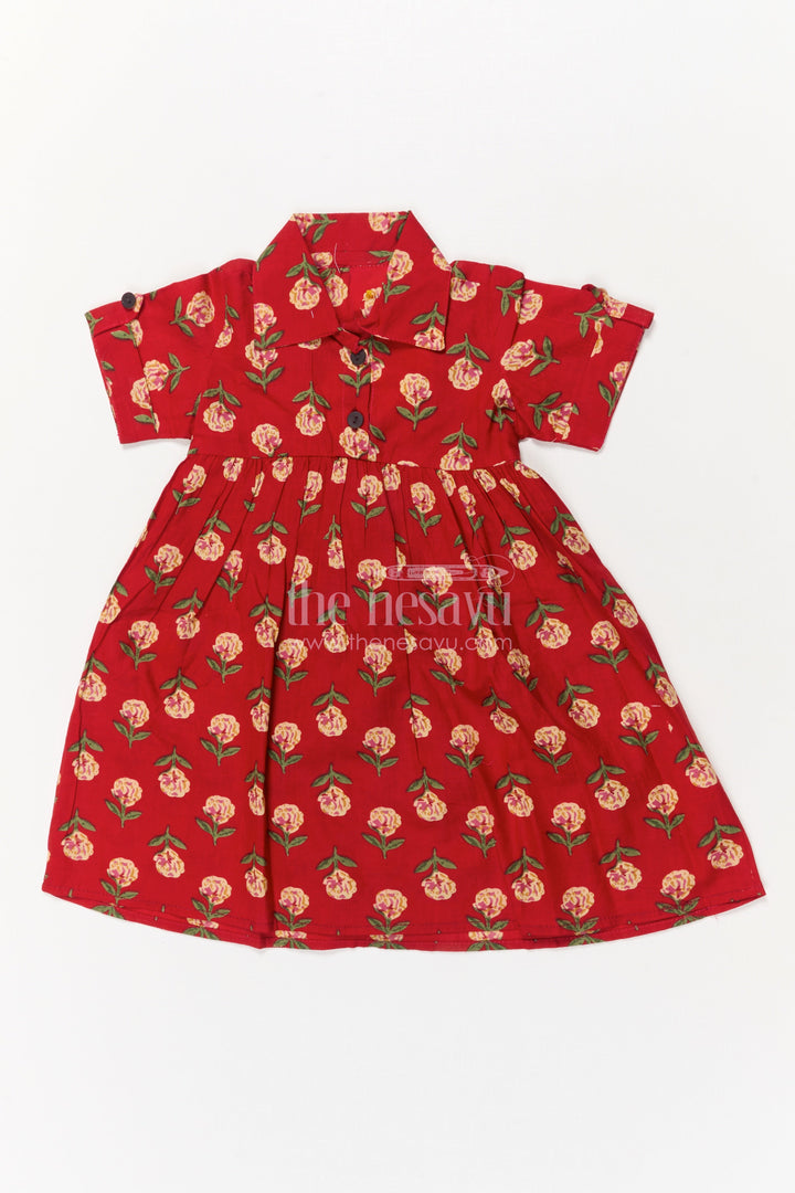 The Nesavu Girls Cotton Frock Toddler Girl Cotton Frock for Everyday Festive Charm Nesavu 16 (1Y) / Red GFC2047A-16 Nesavu toddler girl red cotton frock with floral print and collar – for casual festive occasions