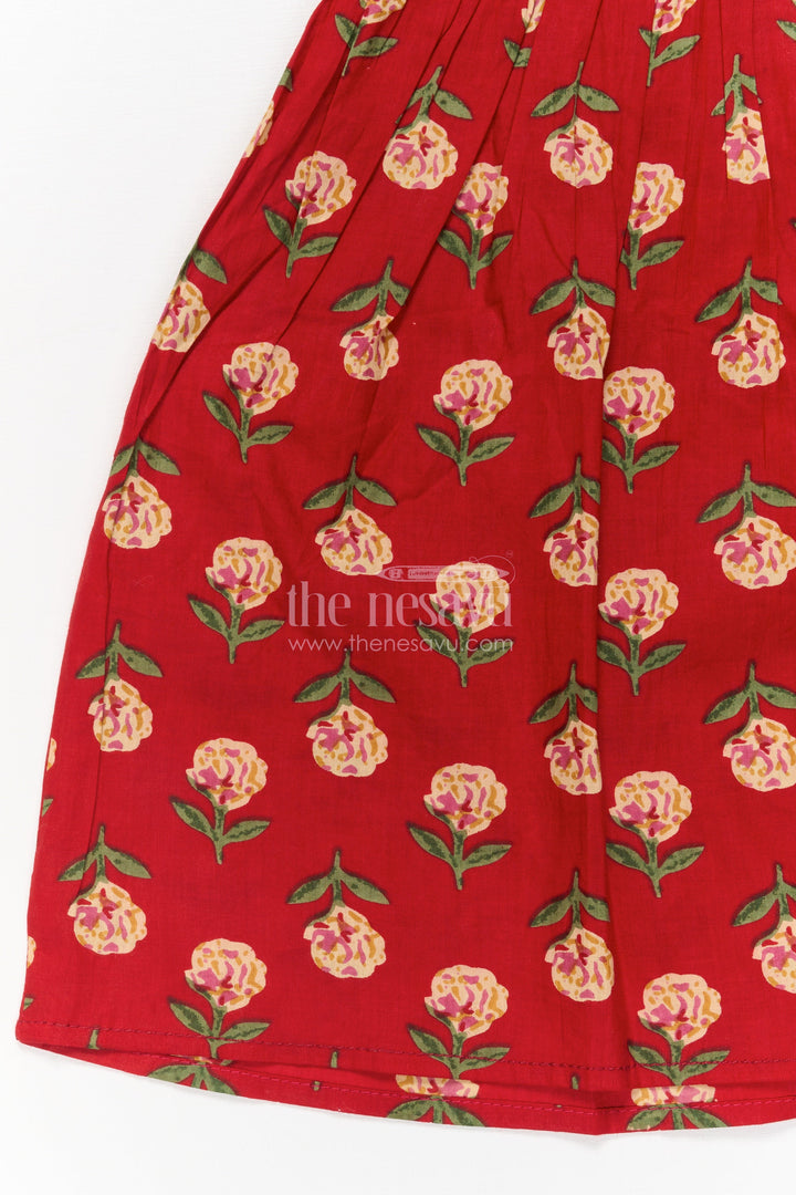 The Nesavu Girls Cotton Frock Toddler Girl Cotton Frock for Everyday Festive Charm Nesavu Nesavu toddler girl red cotton frock with floral print and collar – for casual festive occasions