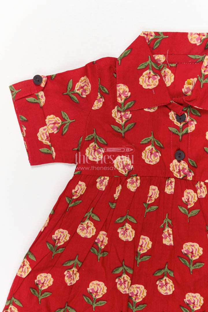 The Nesavu Girls Cotton Frock Toddler Girl Cotton Frock for Everyday Festive Charm Nesavu Nesavu toddler girl red cotton frock with floral print and collar – for casual festive occasions