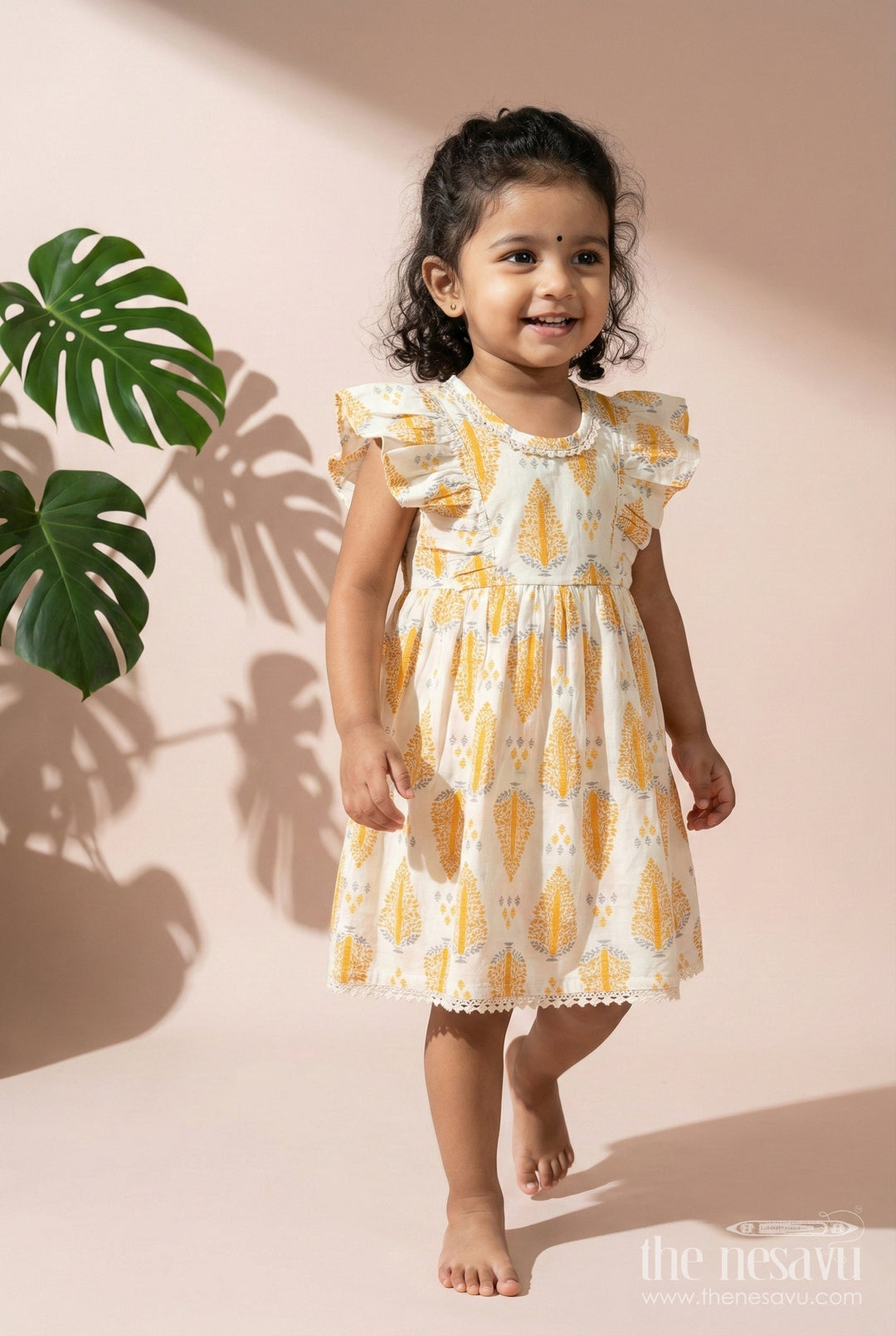 The Nesavu Girls Cotton Frock Toddler Girl Cotton Frock for Everyday Play and Festive Moments Nesavu 16 (1Y) / Yellow GFC1965A-16 Nesavu toddler girl cotton frock flutter sleeves  breathable digital print outfit casual events