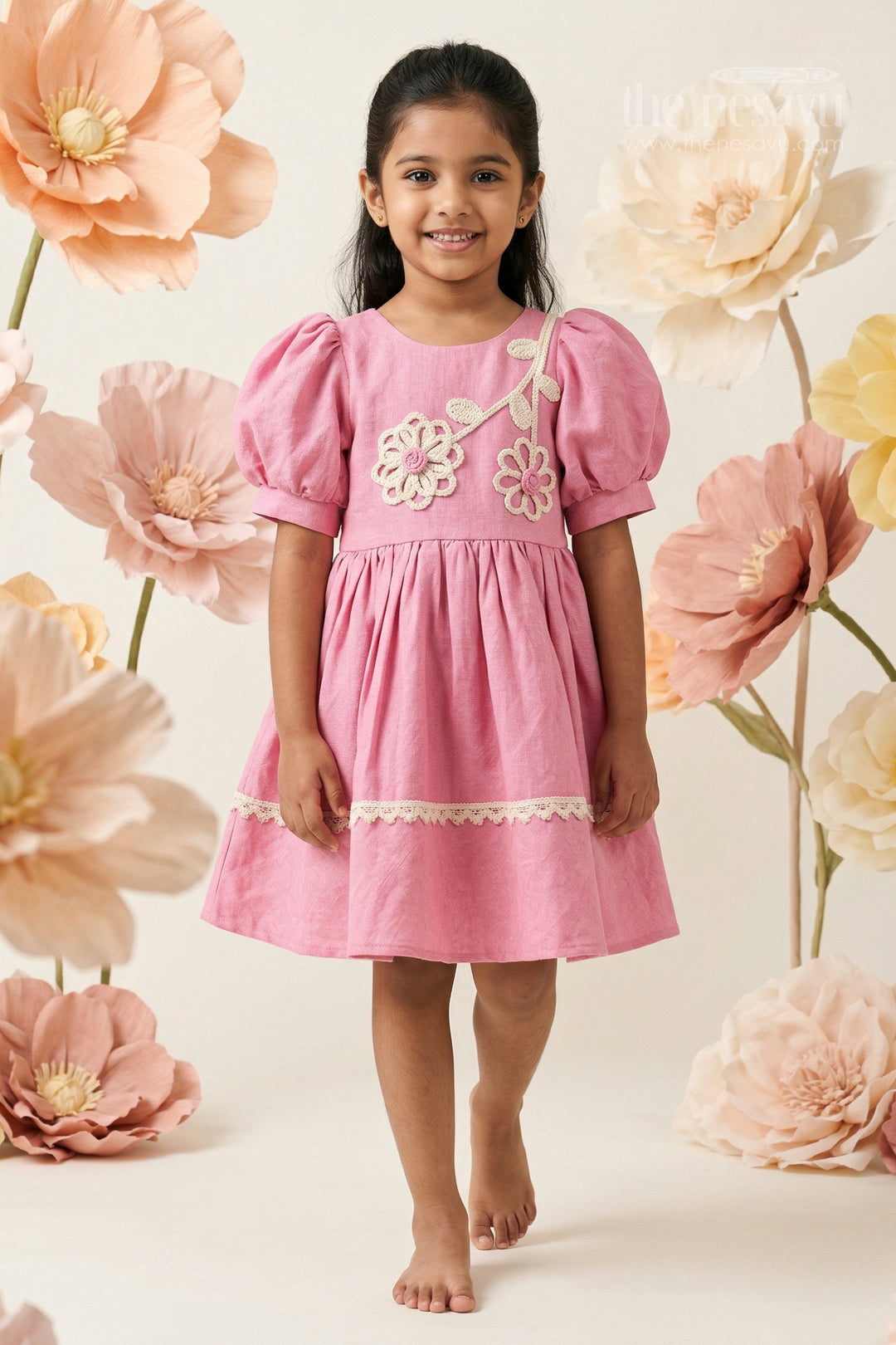 The Nesavu Girls Cotton Frock Toddler Girl Cotton Frock for Outings and Family Gatherings Nesavu 20 (3Y) / Pink / Cotton Blend GFC2144A-20 Nesavu toddler girl cotton frock for outings and family gatherings with floral thread embroidery