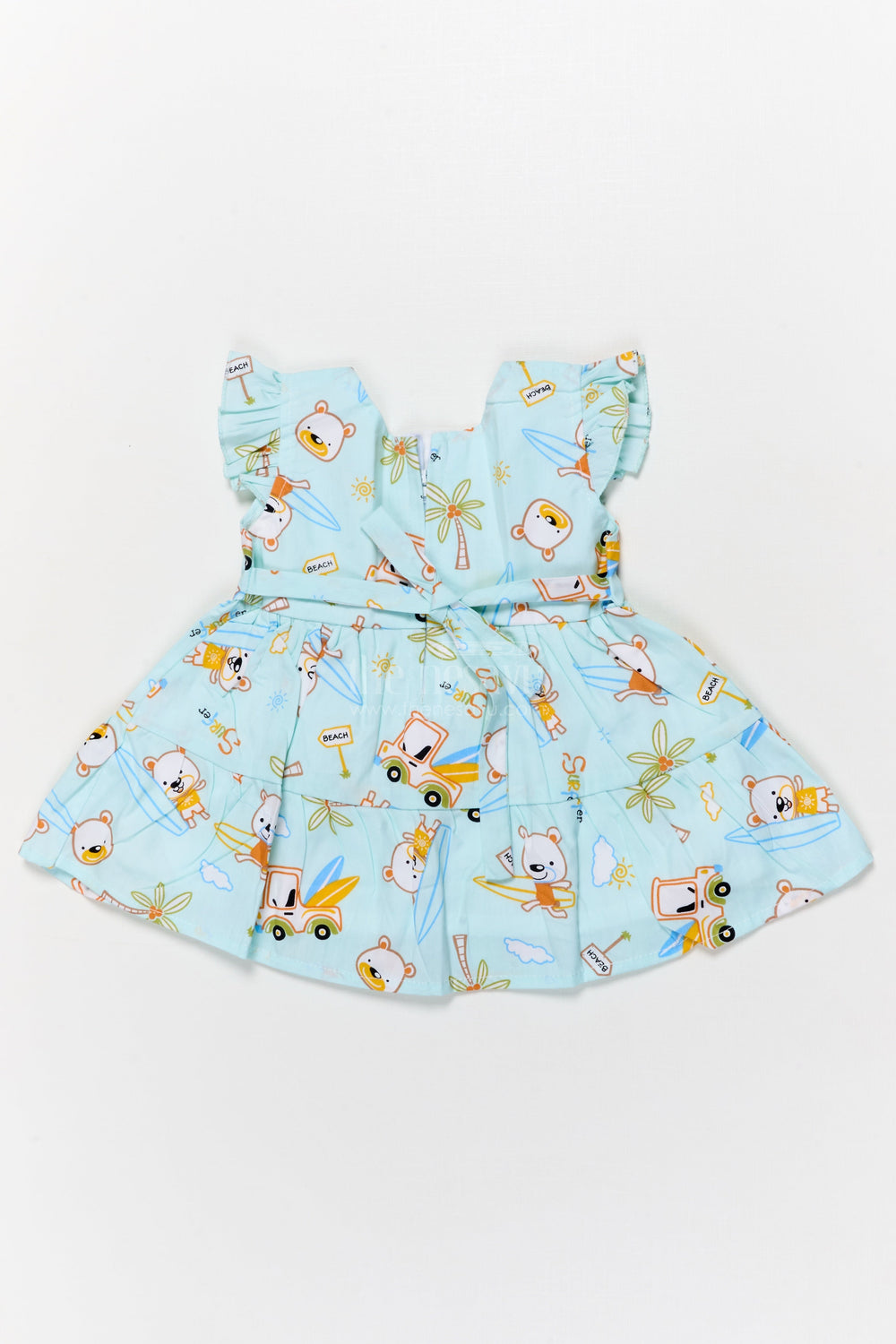 The Nesavu Baby Cotton Frocks Toddler Girl Cotton Frock with Beach Bear Print and Bow for Summer Fun Nesavu Nesavu toddler girl cotton frock with beach bear print and frill sleeves for sunny day fun