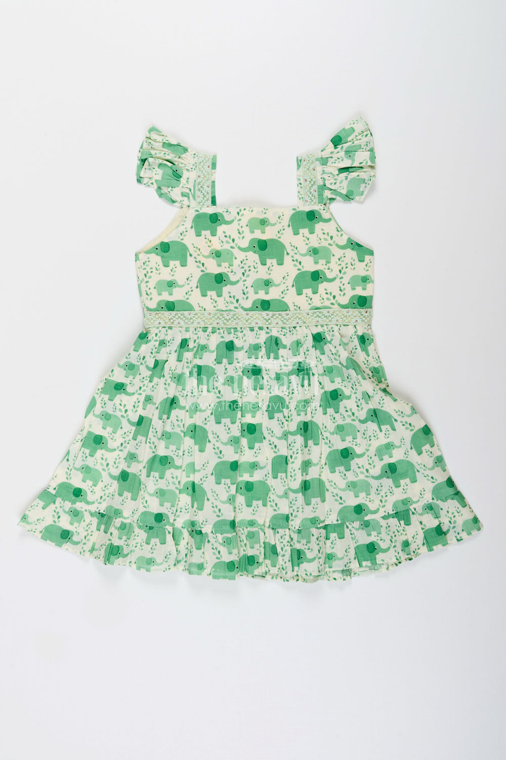The Nesavu Girls Cotton Frock Toddler Girl Cotton Frock with Elephant Print for Everyday Comfort Nesavu 18 (2Y) / Green / Style 1 GFC1970BA-18 Nesavu toddler girl cotton frock elephant digital print playdates summer comfort