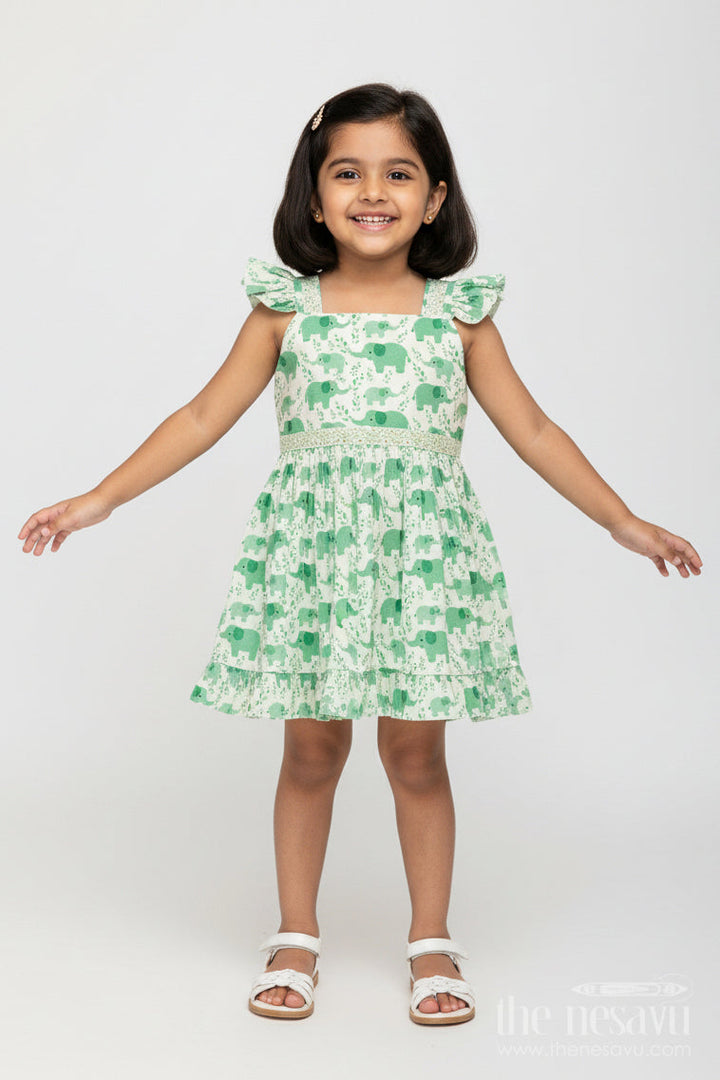 The Nesavu Girls Cotton Frock Toddler Girl Cotton Frock with Elephant Print for Everyday Comfort Nesavu 18 (2Y) / Green / Style 1 GFC1970BA-18 Nesavu toddler girl cotton frock elephant digital print playdates summer comfort