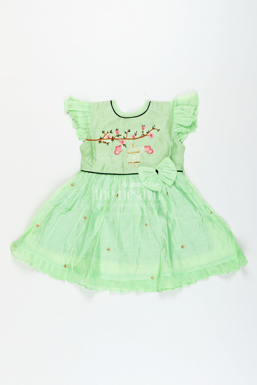 The Nesavu Girls Cotton Frock Toddler Girl Cotton Frock with Embroidery for Poojas and Ethnic Days Nesavu 16 (1Y) / Green GFC1980A-16 Nesavu toddler girl embroidered chanderi frock poojas cultural functions festive gatherings