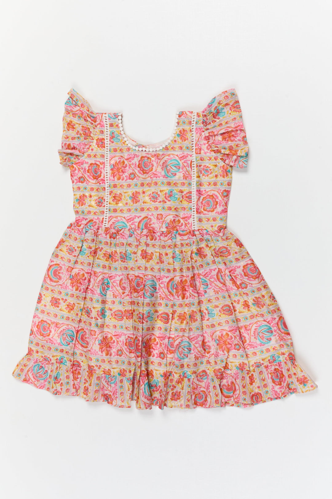 The Nesavu Girls Cotton Frock Toddler Girl Cotton Frock with Festive Border Print for Functions and Photo Days Nesavu 12 (3M) / Multicolor / Cotton GFC2092A-12 Nesavu toddler girl cotton frock with festive print and ruffle sleeves for poojas and casual events