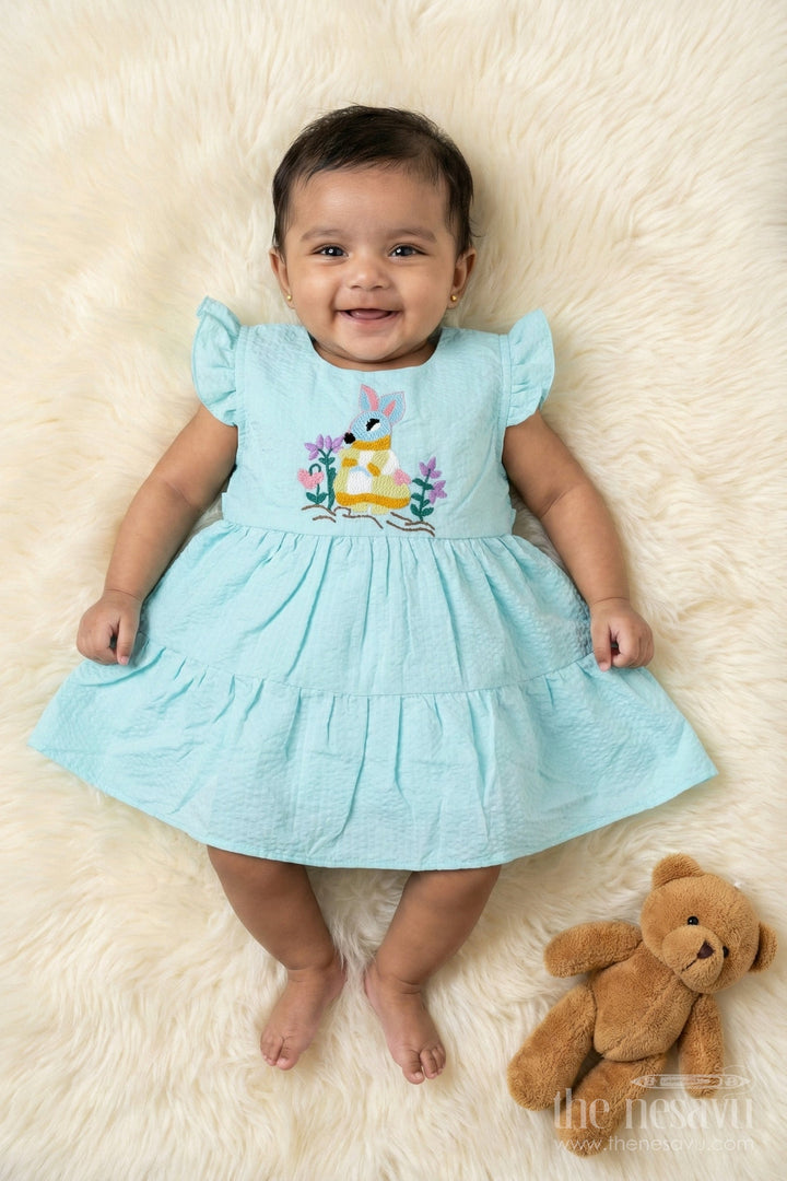 The Nesavu Baby Cotton Frocks Toddler Girl Cotton Frock with Popcorn Fabric and Embroidered Detail Nesavu 14 (6M) / Blue BFJ893B-14 Nesavu toddler girl popcorn cotton frock with embroidery for casual summer and everyday wear