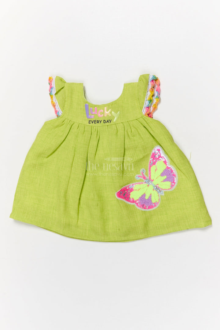 The Nesavu Baby Cotton Frocks Toddler Girl Cotton Frock with Sequin Butterfly Patch for Playful Days Nesavu 14 (6M) / Green BFJ892B-14 Nesavu toddler girl cotton frock with sequin butterfly patch and rainbow trim for everyday fun