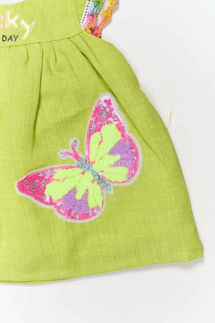 The Nesavu Baby Cotton Frocks Toddler Girl Cotton Frock with Sequin Butterfly Patch for Playful Days Nesavu Nesavu toddler girl cotton frock with sequin butterfly patch and rainbow trim for everyday fun