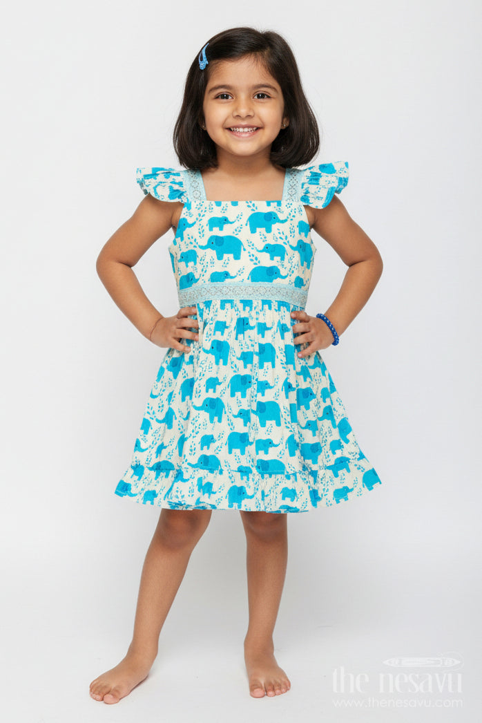 The Nesavu Girls Cotton Frock Toddler Girl Cotton Frock with Teal Elephant Print Nesavu 18 (2Y) / Blue / Style 1 GFC1970DA-18 Nesavu toddler girl cotton frock teal elephant print flutter sleeves casual days