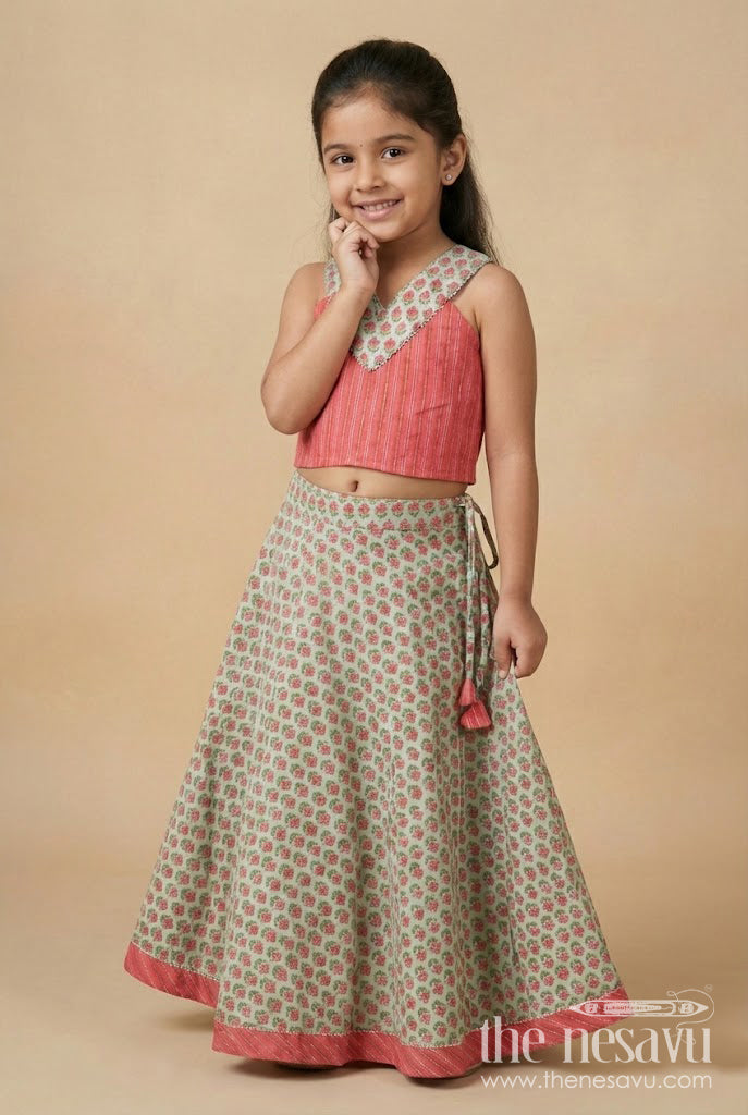 The Nesavu Girls Lehenga Choli Toddler Girl Cotton Lehenga Set for Casual Celebrations and Ethnic School Days Nesavu 16 (1Y) / Peach GL825A-16 Nesavu toddler girl cotton lehenga choli floral print ethnic day casual celebrations