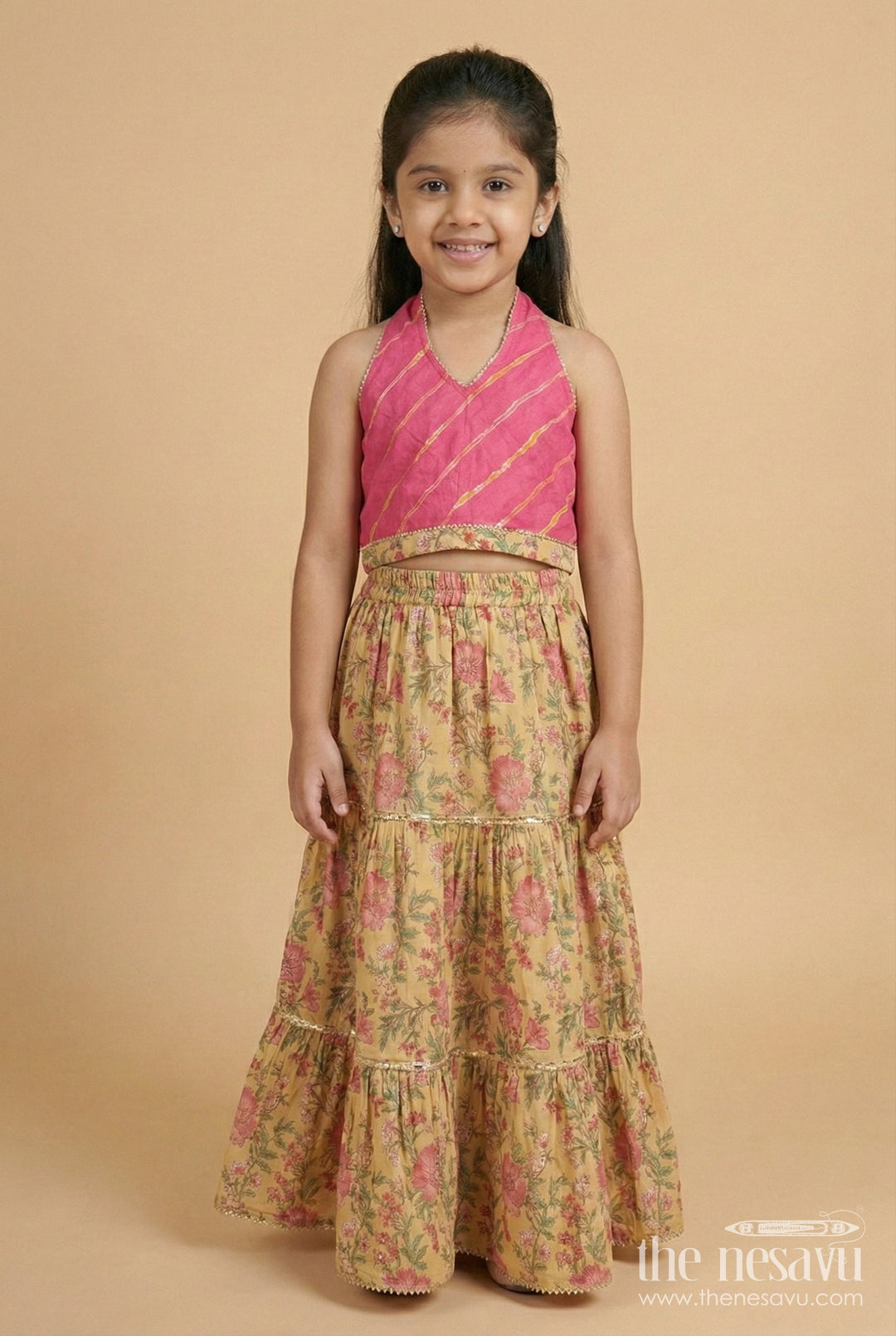 The Nesavu Girls Lehenga Choli Toddler Girl Cotton Lehenga Set for Ethnic School Events and Festive Playdates Nesavu 16 (1Y) / Pink GL826A-16 Nesavu toddler girl cotton lehenga choli floral print festive school events