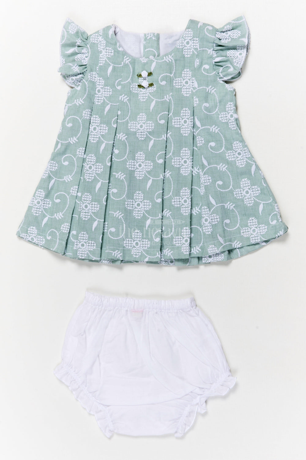 The Nesavu Baby Cotton Frocks Toddler Girl Embroidered Frock Set with Bloomers for Summer Days Nesavu 12 (3M) / Green BFJ886B-12 Nesavu toddler girl cotton frock set with thread embroidery and bloomers for casual summer wear