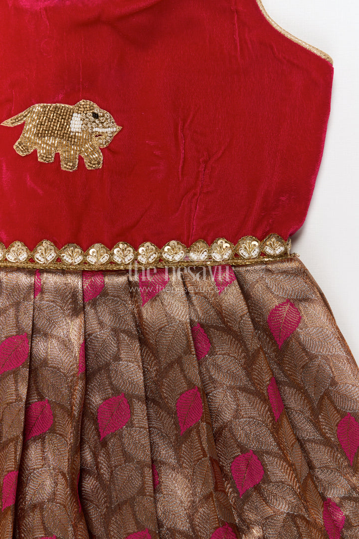 The Nesavu Silk Party Frock Toddler Girl Ethnic Frock for Festive and Family Events Nesavu Nesavu toddler girl ethnic frock with Banaras silk and velvet for festive celebrations