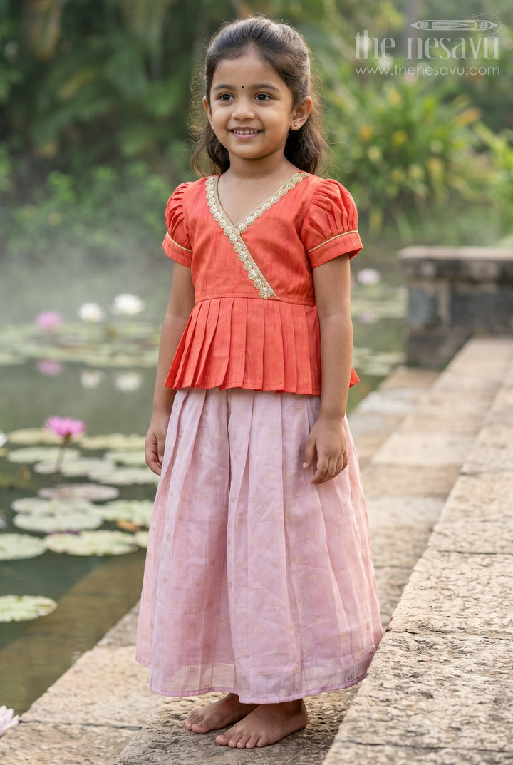The Nesavu Pattu Pavadai Toddler Girl Ethnic Pavadai Set for Temple Visits and Festive Days Nesavu 18 (2Y) / Orange / Semi Banarasi GPP396B-18 Nesavu Toddler Girl Ethnic Pavadai Set In Semi Banaras Art Silk For Festive Family Occasions