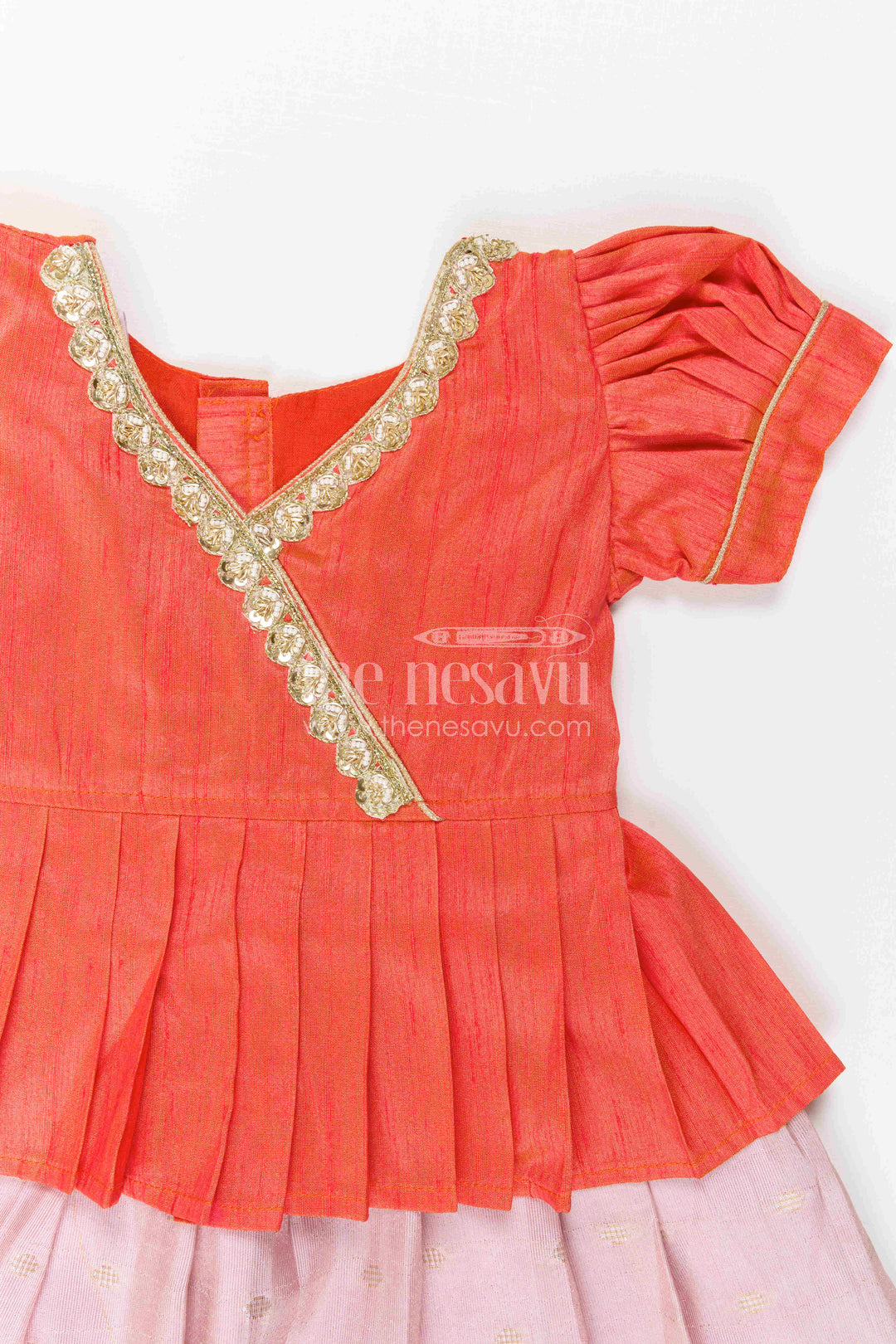 The Nesavu Pattu Pavadai Toddler Girl Ethnic Pavadai Set for Temple Visits and Festive Days Nesavu 18 (2Y) / Orange / Semi Banarasi GPP396B-18 Nesavu Toddler Girl Ethnic Pavadai Set In Semi Banaras Art Silk For Festive Family Occasions
