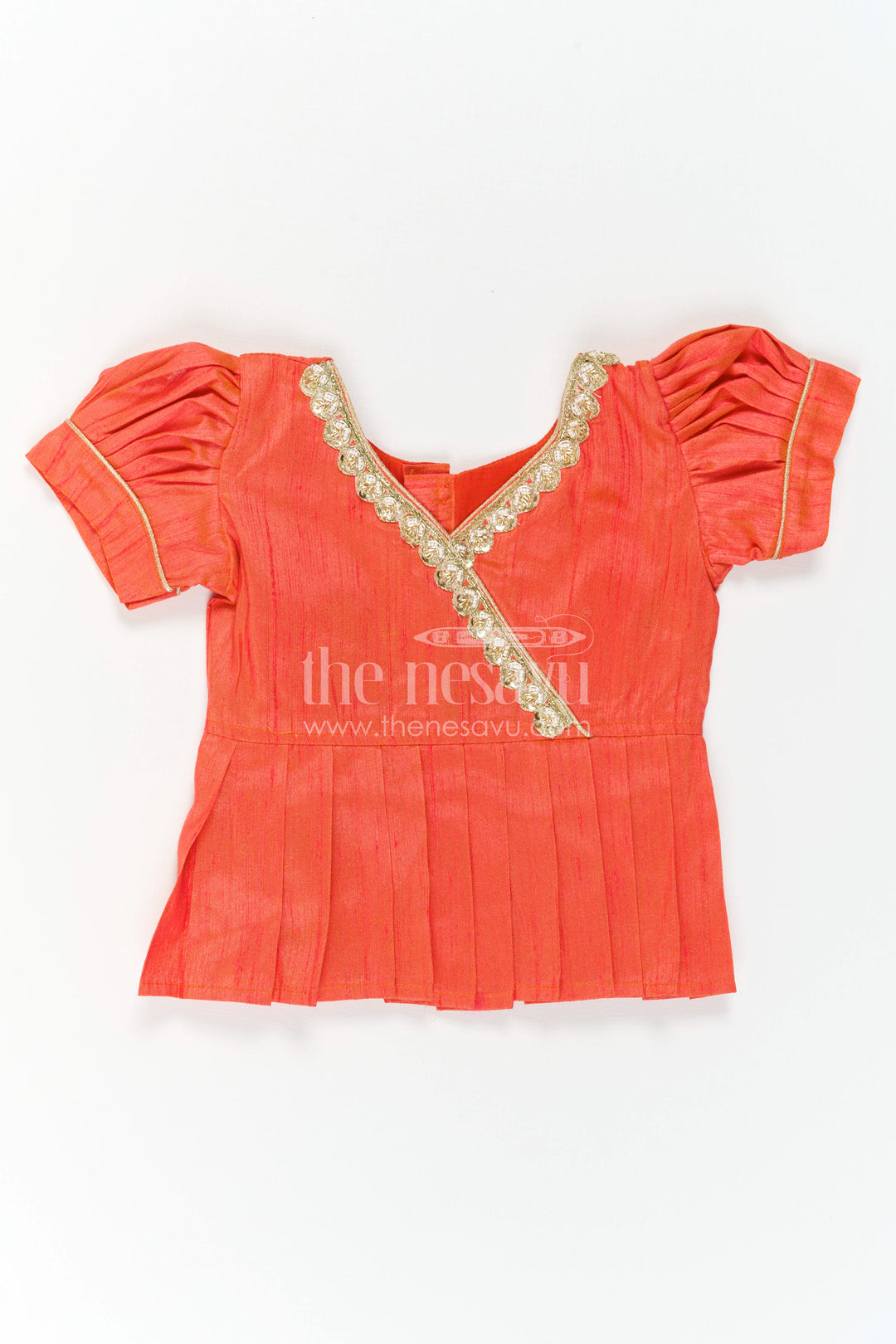 The Nesavu Pattu Pavadai Toddler Girl Ethnic Pavadai Set for Temple Visits and Festive Days Nesavu 18 (2Y) / Orange / Semi Banarasi GPP396B-18 Nesavu Toddler Girl Ethnic Pavadai Set In Semi Banaras Art Silk For Festive Family Occasions