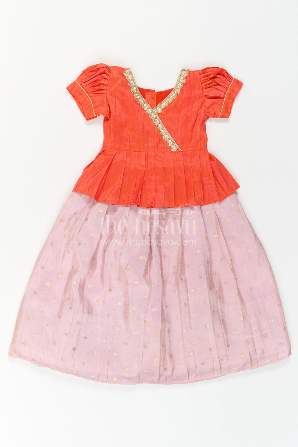 The Nesavu Pattu Pavadai Toddler Girl Ethnic Pavadai Set for Temple Visits and Festive Days Nesavu 18 (2Y) / Orange / Semi Banarasi GPP396B-18 Nesavu Toddler Girl Ethnic Pavadai Set In Semi Banaras Art Silk For Festive Family Occasions