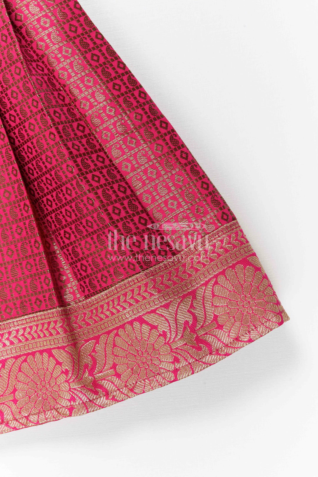The Nesavu Tie-up Frock Toddler Girl Festive Frock for Family Celebrations Nesavu Nesavu Toddler Girl Semi Banaras Frock With Tissue Silk Yoke For Festive Occasions
