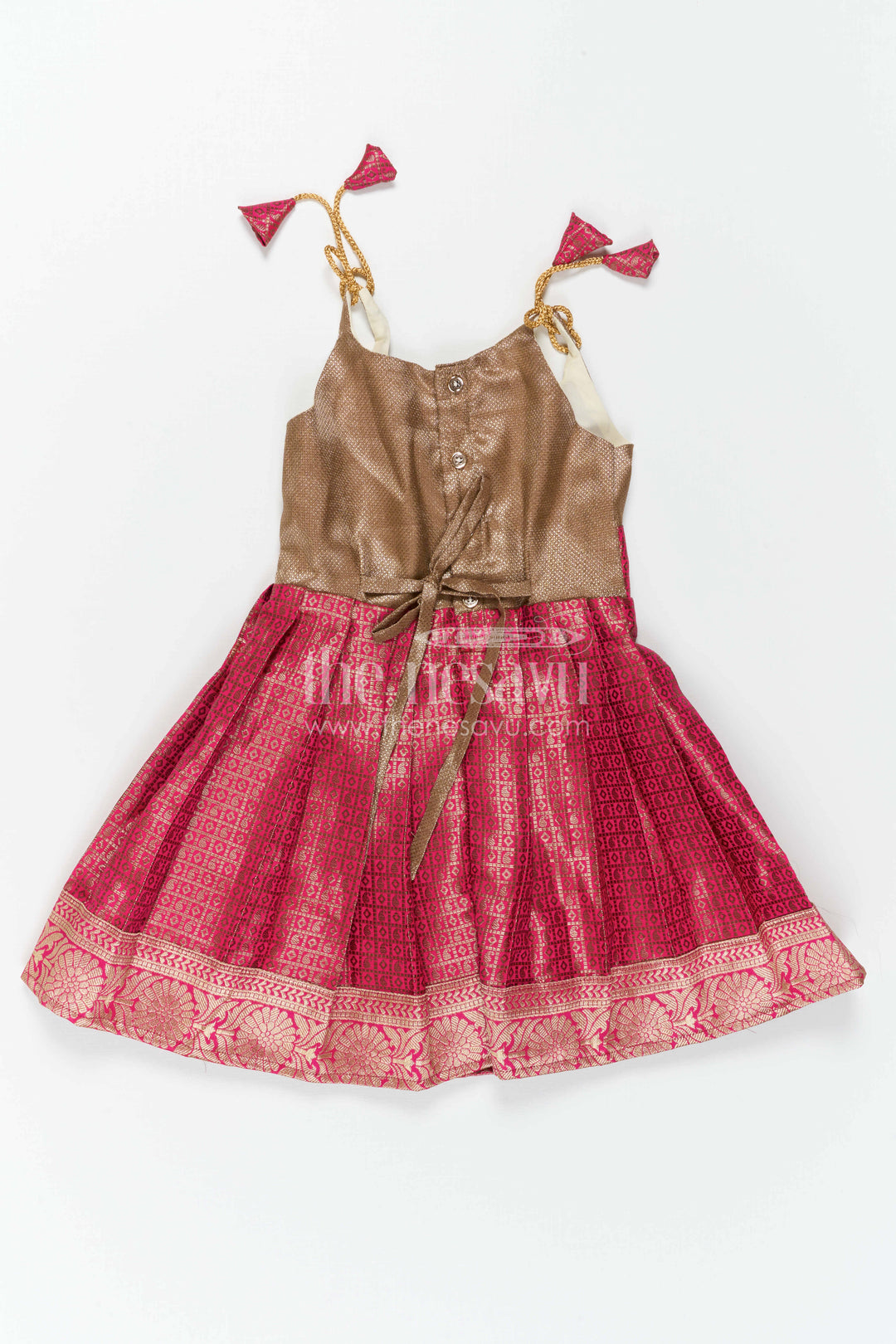 The Nesavu Tie-up Frock Toddler Girl Festive Frock for Family Celebrations Nesavu Nesavu Toddler Girl Semi Banaras Frock With Tissue Silk Yoke For Festive Occasions