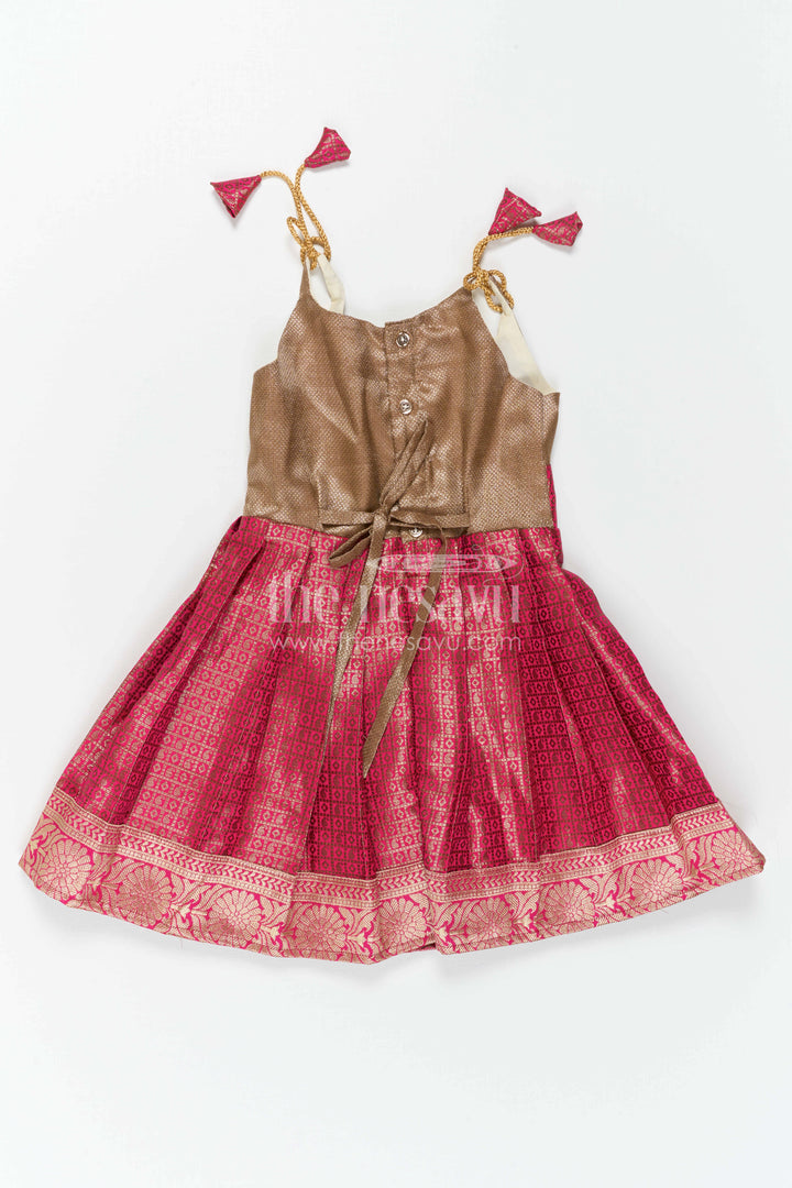 The Nesavu Tie-up Frock Toddler Girl Festive Frock for Family Celebrations Nesavu Nesavu Toddler Girl Semi Banaras Frock With Tissue Silk Yoke For Festive Occasions