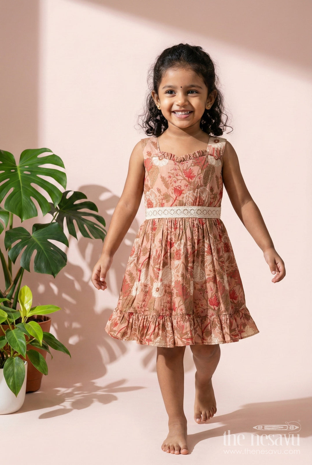 The Nesavu Girls Cotton Frock Toddler Girl Frock for Festive Gatherings and Family Photos Nesavu 18 (2Y) / PEACH GFC1973A-18 Nesavu toddler girl frock modal silk floral print festive celebrations photo days