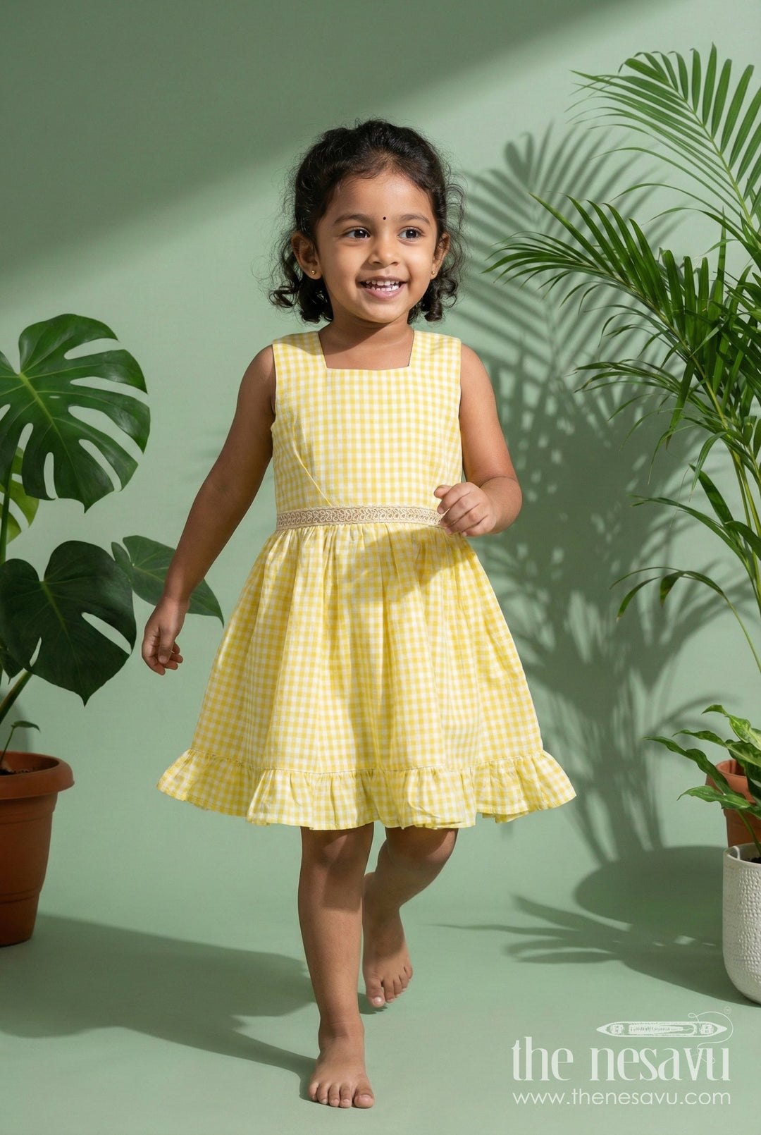The Nesavu Girls Cotton Frock Toddler Girl Frock for Summer Days and Vacation Travel Nesavu 18 (2Y) / Yellow / Cotton GFC2074A-18 Nesavu toddler girl seersucker frock with gingham checks for summer outings and vacations