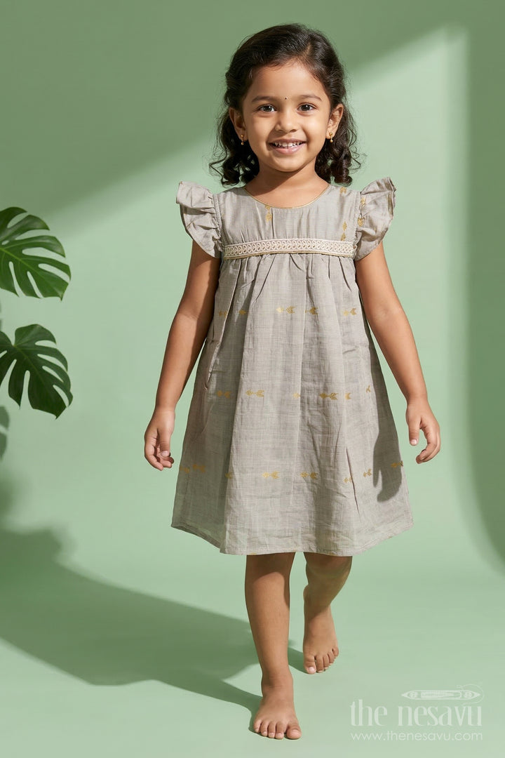 The Nesavu Girls Chanderi Frock Toddler Girl Frock for Weddings and Milestone Photoshoots Nesavu 18 (2Y) / Gray / Viscose Silk GFC2102A-18 Nesavu toddler girl silk frock with golden butti for weddings and special photoshoot moments