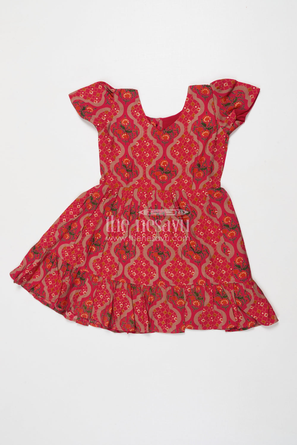 The Nesavu Girls Cotton Frock Toddler Girl Frock in Printed Modal Silk for Cultural and Festive Wear Nesavu 18 (2Y) / Red GFC2028B-18 Nesavu toddler girl frock in modal silk with traditional prints for ethnic and festive use