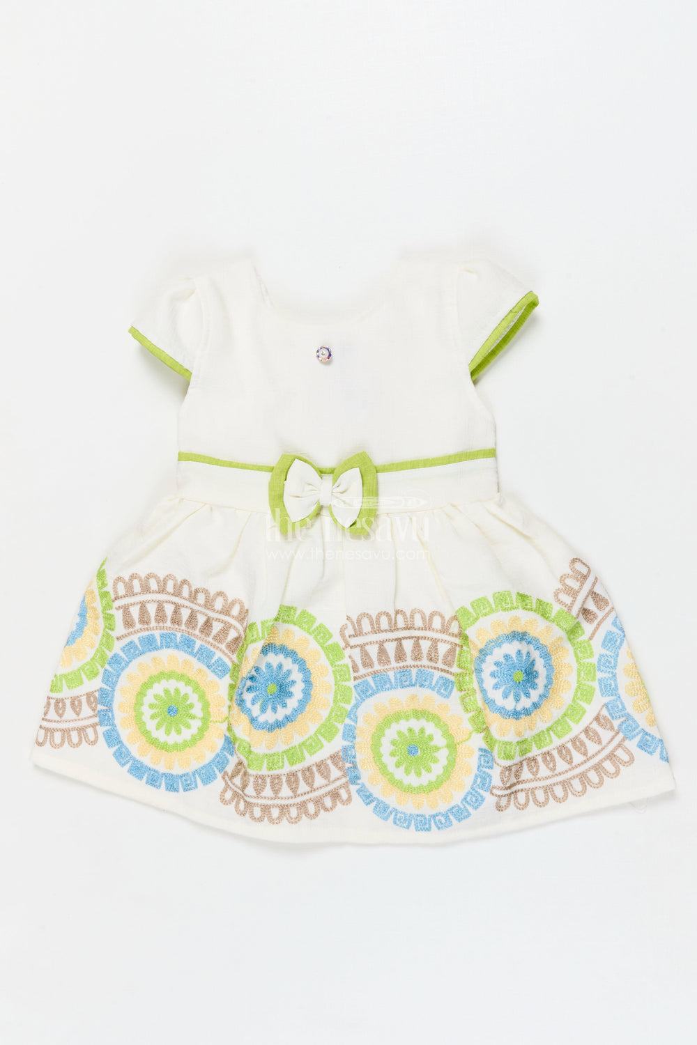 The Nesavu Girls Cotton Frock Toddler Girl Frock with Playful Embroidery for Birthdays and Casual Wear Nesavu 14 (6M) / Green / Cotton BFJ921B-14 Nesavu cotton embroidered frock for toddler girls – perfect for casual birthdays and playful outings