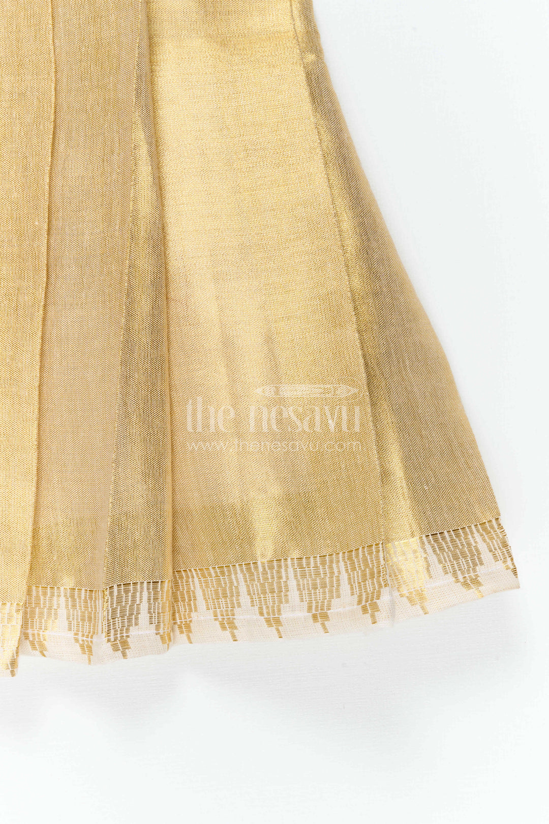 The Nesavu Tie-up Frock Toddler Girl Gold Frock for Birthdays and Festive Events Nesavu 16 (1Y) / Gold / Tissue T437A-16 Nesavu Toddler Girl Gold Tissue Silk Frock With Tie Up Straps For Festive Wear