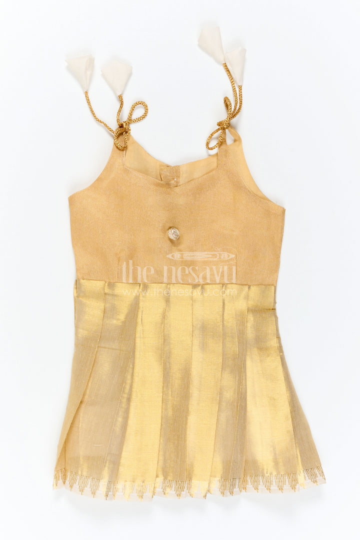 The Nesavu Tie-up Frock Toddler Girl Gold Frock for Birthdays and Festive Events Nesavu 16 (1Y) / Gold / Tissue T437A-16 Nesavu Toddler Girl Gold Tissue Silk Frock With Tie Up Straps For Festive Wear