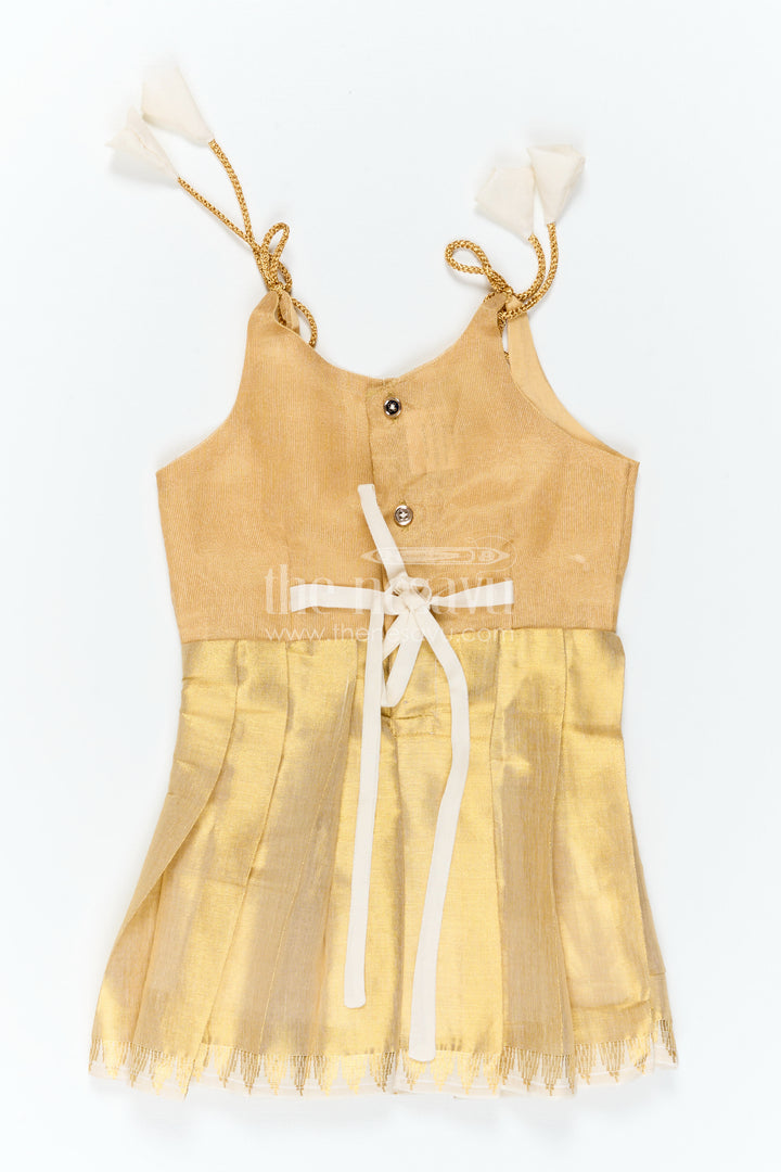 The Nesavu Tie-up Frock Toddler Girl Gold Frock for Birthdays and Festive Events Nesavu 16 (1Y) / Gold / Tissue T437A-16 Nesavu Toddler Girl Gold Tissue Silk Frock With Tie Up Straps For Festive Wear