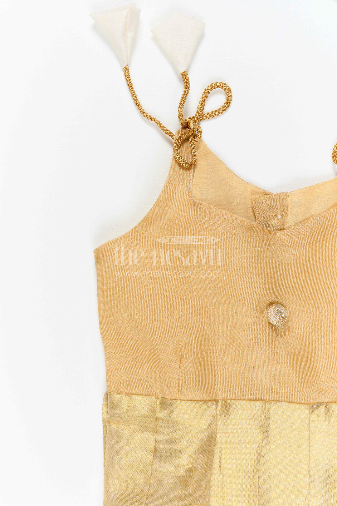 The Nesavu Tie-up Frock Toddler Girl Gold Frock for Birthdays and Festive Events Nesavu 16 (1Y) / Gold / Tissue T437A-16 Nesavu Toddler Girl Gold Tissue Silk Frock With Tie Up Straps For Festive Wear