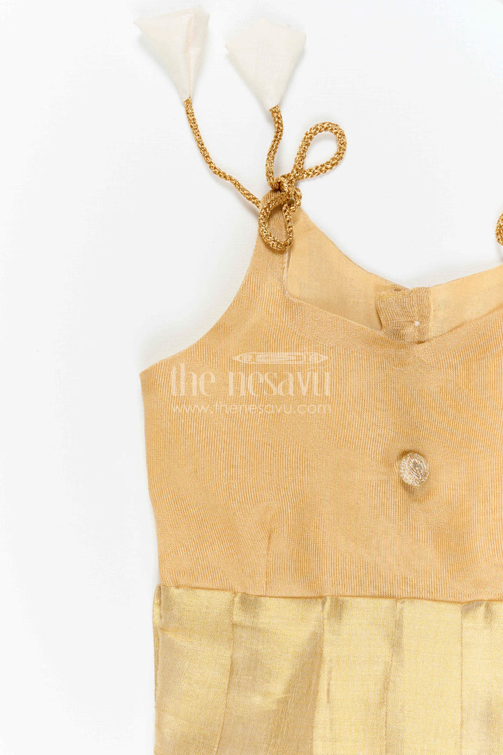 The Nesavu Tie-up Frock Toddler Girl Gold Frock for Birthdays and Festive Events Nesavu 16 (1Y) / Gold / Tissue T437A-16 Nesavu Toddler Girl Gold Tissue Silk Frock With Tie Up Straps For Festive Wear