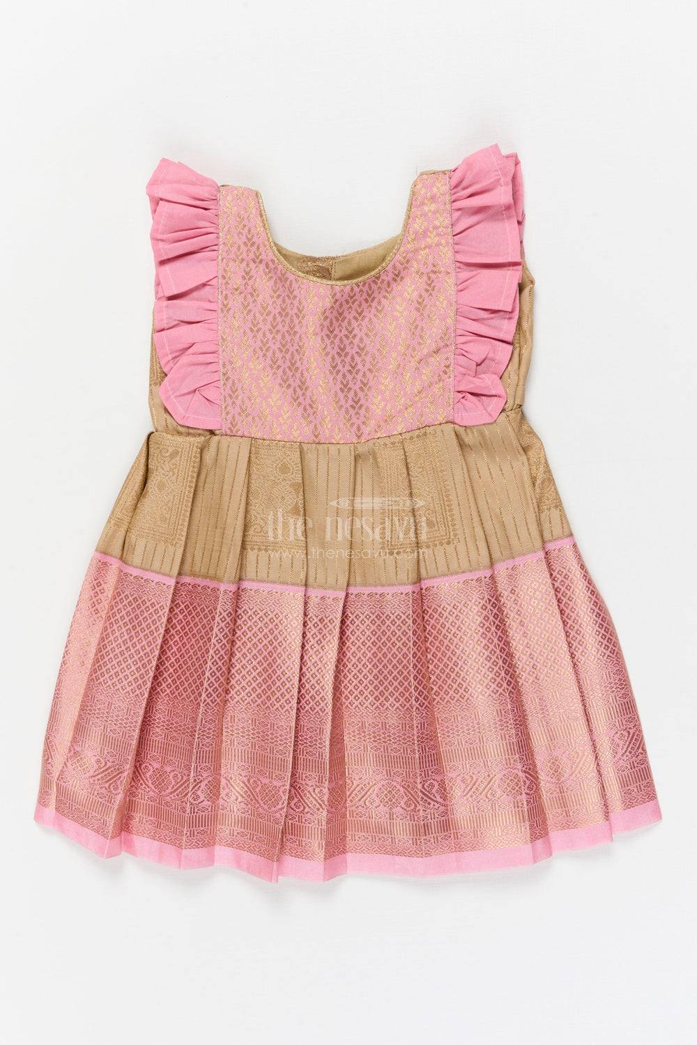 The Nesavu Girls Kanchi Silk Frock Toddler Girl Kanchi Silk Frock for Ethnic Celebrations and Birthday Rituals Nesavu 10 (NB) / Pink / Style 1 KSF017AA-10 Nesavu toddler girl Kanchi silk frock for traditional birthdays and cultural functions