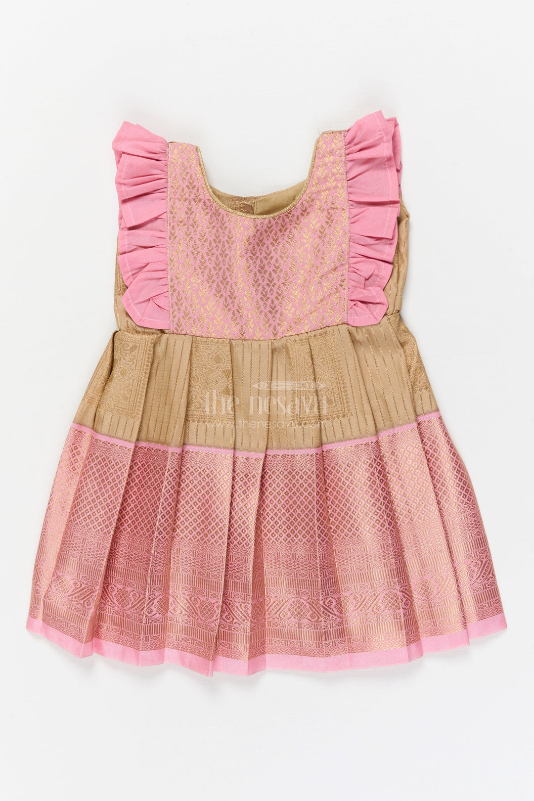 The Nesavu Girls Kanchi Silk Frock Toddler Girl Kanchi Silk Frock for Ethnic Celebrations and Birthday Rituals Nesavu 10 (NB) / Pink / Style 1 KSF017AA-10 Nesavu toddler girl Kanchi silk frock for traditional birthdays and cultural functions