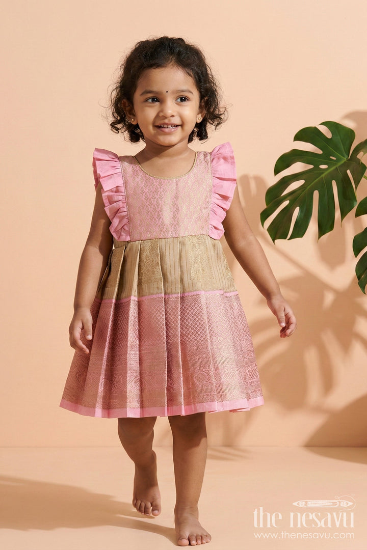 The Nesavu Girls Kanchi Silk Frock Toddler Girl Kanchi Silk Frock for Ethnic Celebrations and Birthday Rituals Nesavu 10 (NB) / Pink / Style 1 KSF017AA-10 Nesavu toddler girl Kanchi silk frock for traditional birthdays and cultural functions