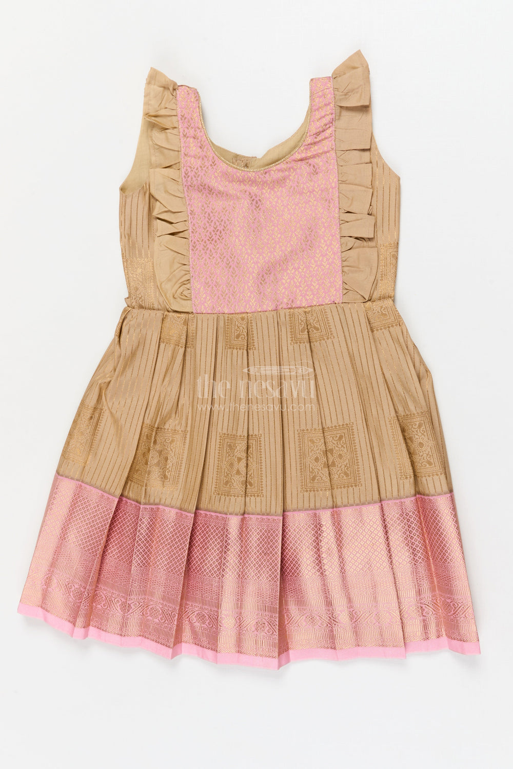 The Nesavu Girls Kanchi Silk Frock Toddler Girl Kanchi Silk Frock for Ethnic Celebrations and Birthday Rituals Nesavu 22 (4Y) / Pink / Style 2 KSF017AB-22 Nesavu toddler girl Kanchi silk frock for traditional birthdays and cultural functions