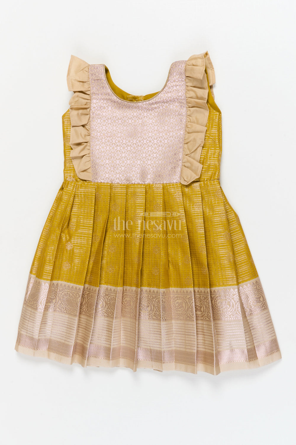 The Nesavu Girls Kanchi Silk Frock Toddler Girl Kanchi Silk Frock for Weddings and Cultural Celebrations Nesavu 10 (NB) / Gold / Style 1 KSF013BA-10 Nesavu toddler girl Kanchi silk frock for traditional events, weddings, and festive gatherings