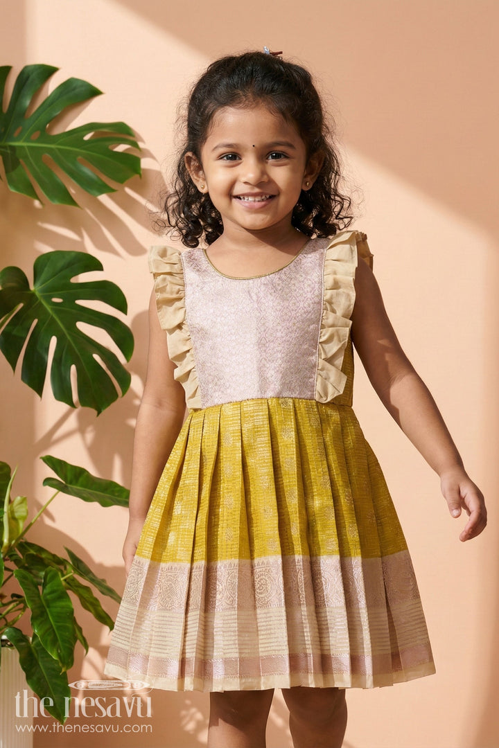 The Nesavu Girls Kanchi Silk Frock Toddler Girl Kanchi Silk Frock for Weddings and Cultural Celebrations Nesavu 10 (NB) / Gold / Style 1 KSF013BA-10 Nesavu toddler girl Kanchi silk frock for traditional events, weddings, and festive gatherings