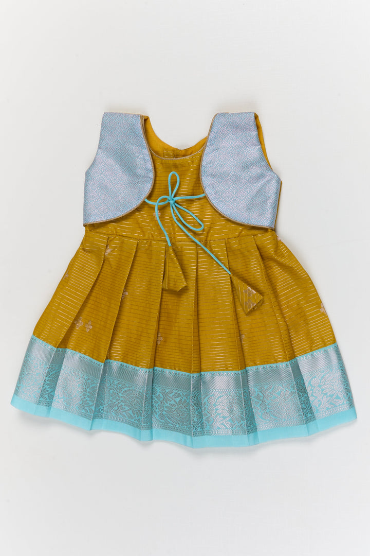 The Nesavu Girls Kanchi Silk Frock Toddler Girl Kanchipuram Silk Frock for Weddings and Festive Functions Nesavu 10 (NB) / Yellow / Style 1 KSF012AA-10 Nesavu kanchipuram silk frock for toddler girls with pleats and festive jacket design