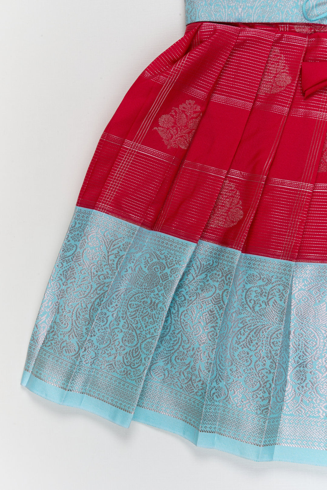 The Nesavu Girls Kanchi Silk Frock Toddler Girl Kanchipuram Silk Frock for Weddings and Traditional Events Nesavu Nesavu toddler kanchipuram silk frock with pleats and festive jacket for traditional functions