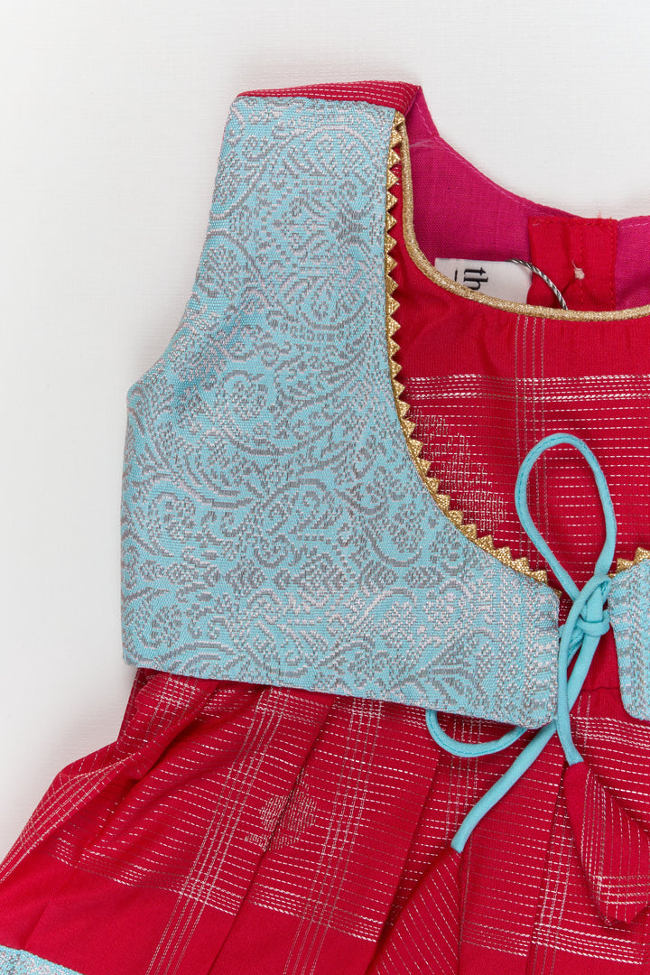 The Nesavu Girls Kanchi Silk Frock Toddler Girl Kanchipuram Silk Frock for Weddings and Traditional Events Nesavu Nesavu toddler kanchipuram silk frock with pleats and festive jacket for traditional functions