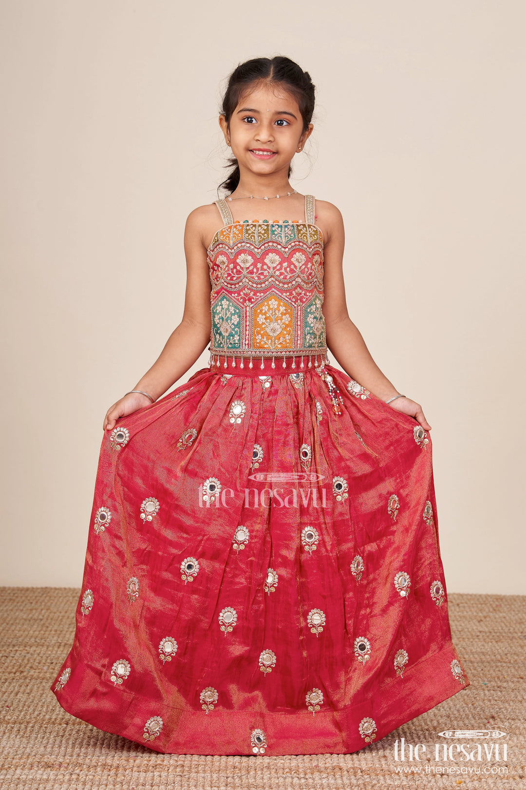 The Nesavu Girls Lehenga Choli Toddler Girl Lehenga Set for Temple Visits and Family Festivals Nesavu 16 (1Y) / Red GL824A-16 Nesavu toddler girl lehenga choli multicolor embroidery temple festive occasions